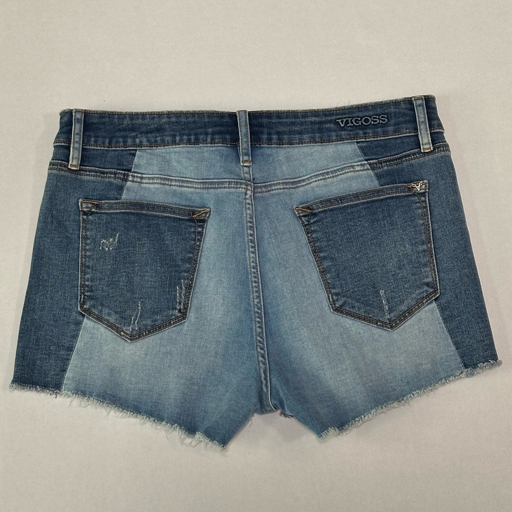 Vigoss Distressed Patchwork Fray Hem Denim Shorts Sz 8 Coastal Country Festival - Picture 2 of 9
